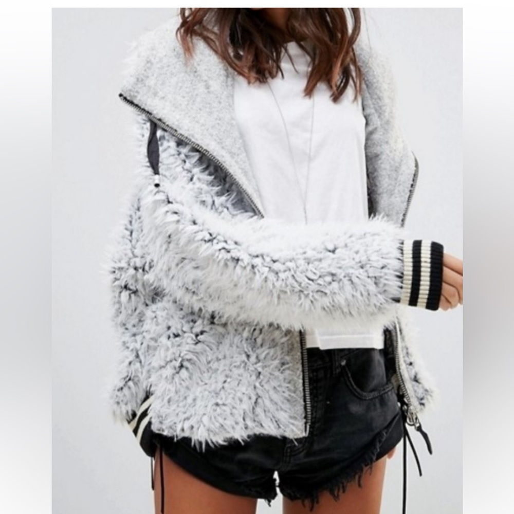 Free People Fluffy Dolman Varsity Jacket Black/White XS/S